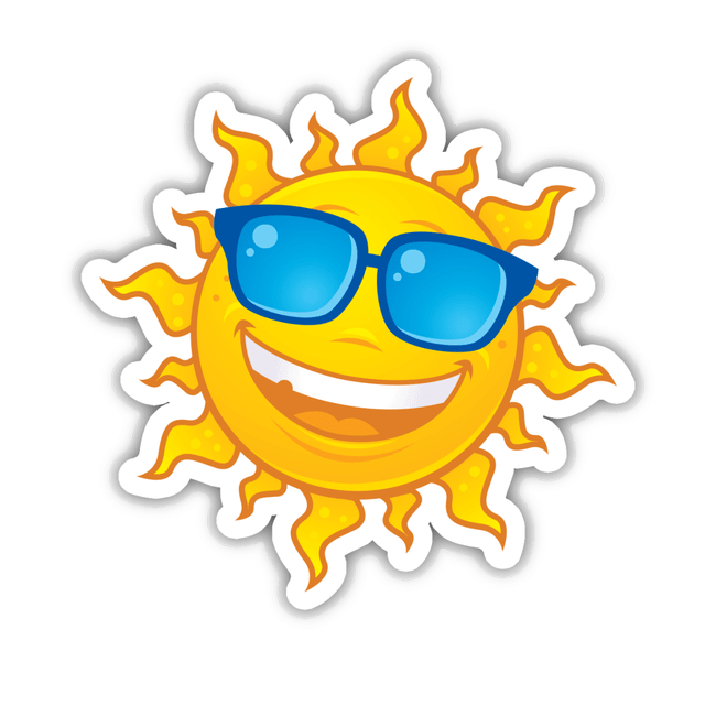 Cartoon sun wearing sunglasses, part of the Summer Sun Wearing Sunglasses sticker collection, perfect for adding a playful touch from Decal Venue's unique sticker range.
