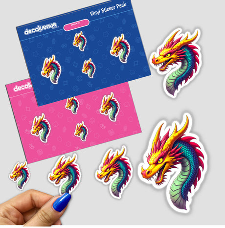 A hand holds A Cool Fantasy Dragon sticker featuring a vibrant cartoon dragon with sharp teeth, available as a vinyl sticker or digital artwork from Decal Venue.
