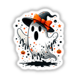 Halloween Boo Splatter Ghost: A cartoon ghost wearing a hat, surrounded by pumpkins, available as stickers or digital artwork.