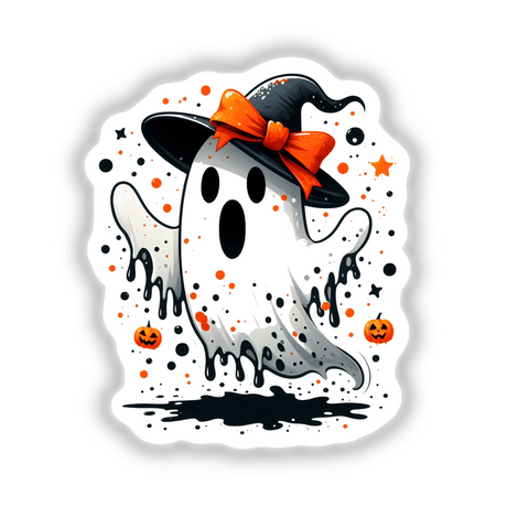 Halloween Boo Splatter Ghost: A cartoon ghost wearing a hat, surrounded by pumpkins, available as stickers or digital artwork.