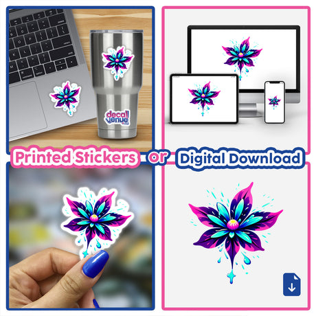 A collage featuring A Colorful Spring Flower sticker on a laptop, highlighting its vivid design, alongside a close-up of a flower-themed digital artwork on a computer screen.