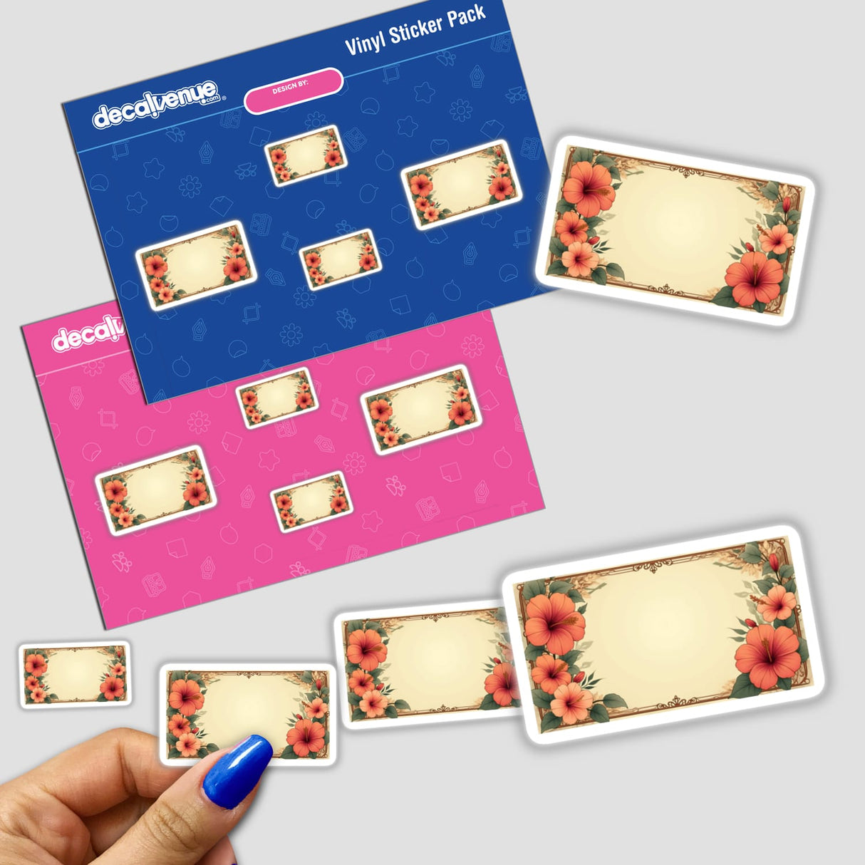 Aesthetic Hibiscus Floral Clipart Label with blank space for customization, showcasing vibrant flower stickers. Available as digital artwork with commercial rights.