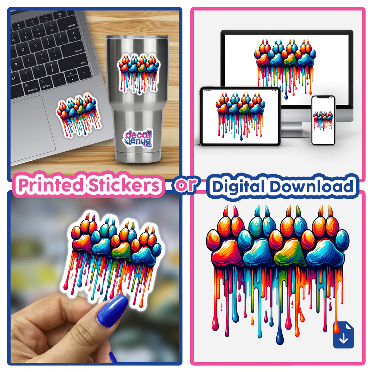 Rainbow Four Dog Paw Prints Dripping Pride