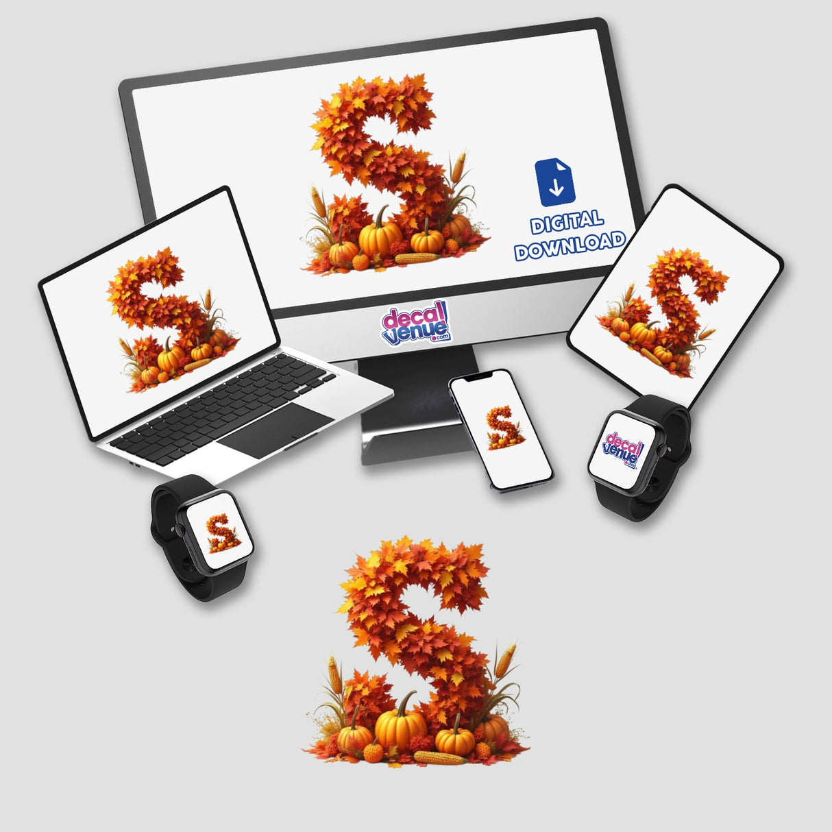 Thanksgiving Letter S Clipart - Fall Leaves and Pumpkins Design - Stickers or Commercial Use Download displayed on computer devices.
