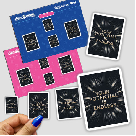 Hand holding Your potential is endless sticker pack, showcasing intricate design elements, highlighting Decal Venue's unique vinyl stickers and digital art offerings.