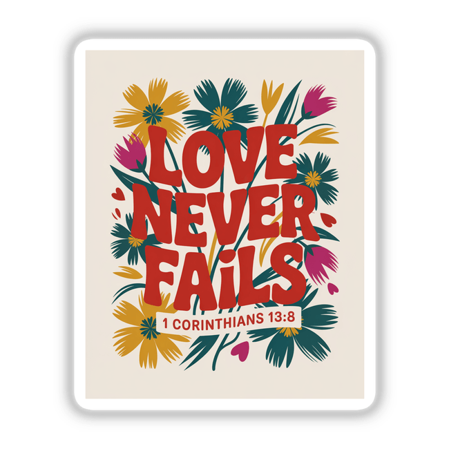 Love Never Fails 1 Corinthians 13:8 Sticker or Clipart with Commercial Rights features a vibrant floral design and text, ideal for unique vinyl stickers or digital artwork from Decal Venue.