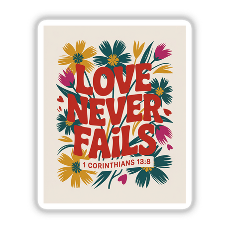 Love Never Fails 1 Corinthians 13:8 Sticker or Clipart with Commercial Rights features a vibrant floral design and text, ideal for unique vinyl stickers or digital artwork from Decal Venue.