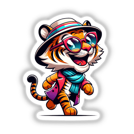Trendy Tiger cartoon wearing a hat and glasses, available as stickers or digital artwork from Decal Venue.