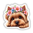 Cute Yorkshire Terrier Dog with a Spring Flower artwork; the terrier's head adorned with flowers, highlighting its expressive eyes and nose. Available as stickers or digital downloads for animal enthusiasts.