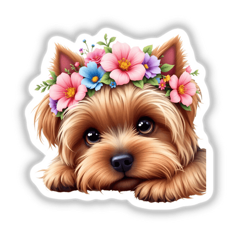 Cute Yorkshire Terrier Dog with a Spring Flower artwork; the terrier's head adorned with flowers, highlighting its expressive eyes and nose. Available as stickers or digital downloads for animal enthusiasts.