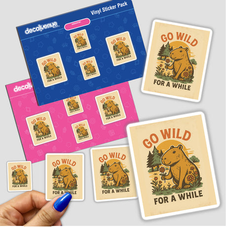 Go Wild for a While Sticker or Clipart featuring a cartoon capybara holding a flower, available as stickers or digital artwork with commercial rights, from Decal Venue.