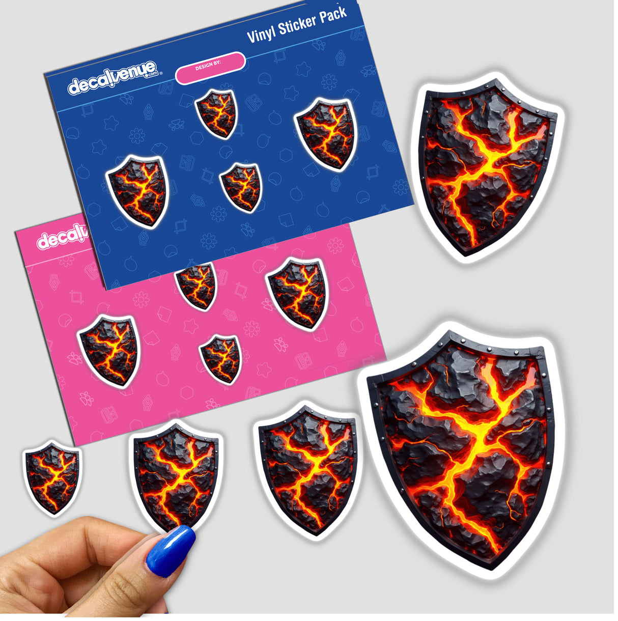 Molten Lava Shield sticker depicting a shield with red lava-like cracks, held in a hand. Available as stickers or digital artwork from Decal Venue.