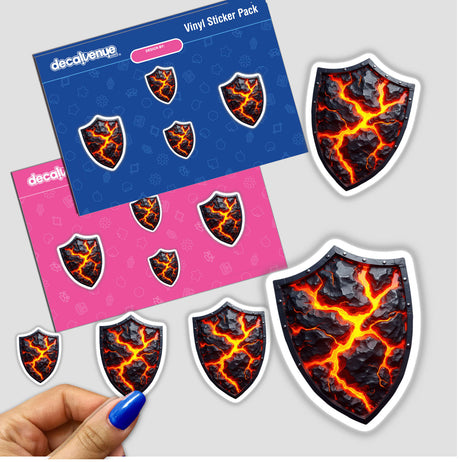 Molten Lava Shield sticker depicting a shield with red lava-like cracks, held in a hand. Available as stickers or digital artwork from Decal Venue.