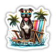 Splashing Beach Time Pitbull Dog depicted as digital artwork, showcasing a dog sitting on a chair with a palm tree in the background, available as stickers or digital art.