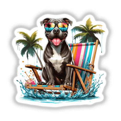 Splashing Beach Time Pitbull Dog depicted as digital artwork, showcasing a dog sitting on a chair with a palm tree in the background, available as stickers or digital art.