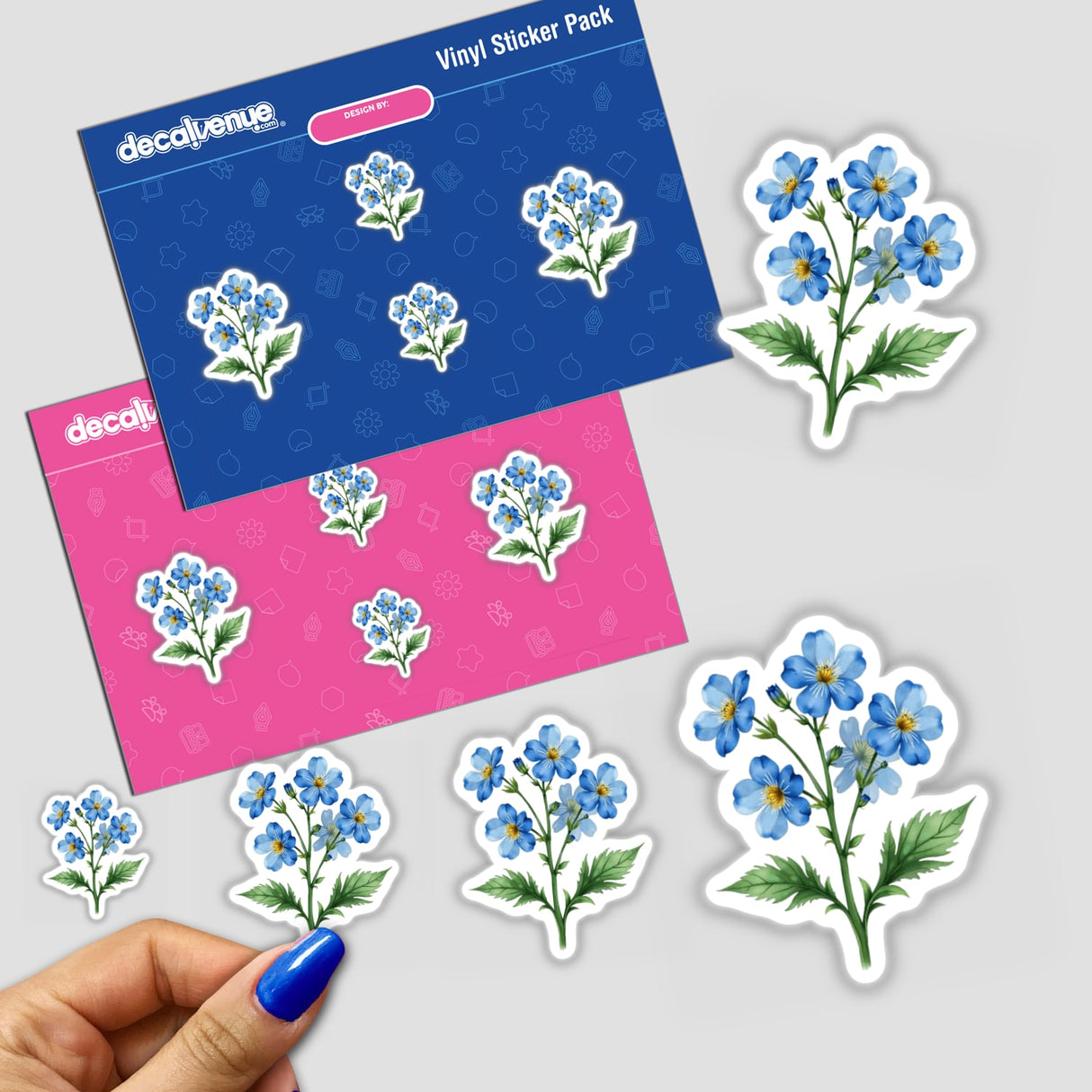 Alaska Forget-Me-Not Botanical Clipart | Stickers or Commercial Use Download showing various blue flower stickers, some held in a hand, highlighting intricate floral designs for versatile use.