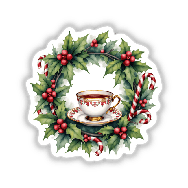 Teacup and Saucer in a Christmas Wreath, adorned with holly berries, leaves, and candy canes, ideal as a sticker or digital artwork from Decal Venue's unique collection.