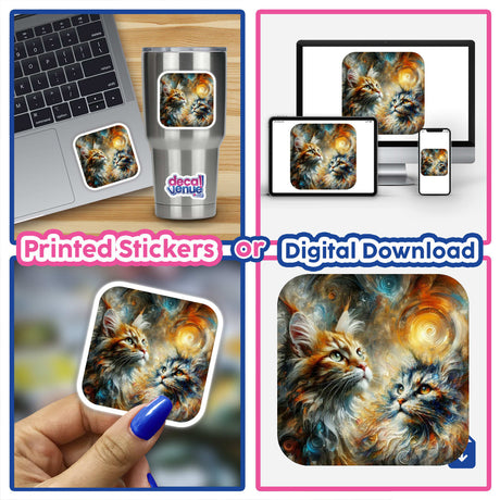 Maine Coon Kitty 1 collage featuring cats on a laptop, a phone screenshot, and artistic cat images, available as unique stickers or digital artwork from Decal Venue.