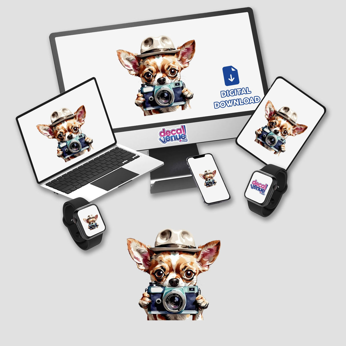 Chihuahua Clipart with Camera - Stickers or Commercial Use Download. Image shows various devices displaying a cartoon Chihuahua holding a camera, available as stickers or digital artwork.
