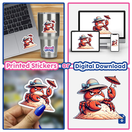 Grumpy Beach Crab Holding Tiny Cocktail Umbrella