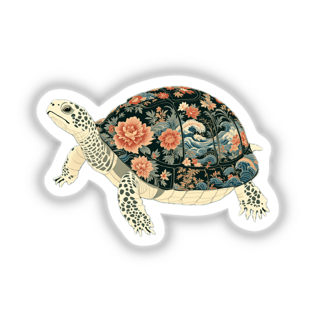 Chinoiserie Turtle sticker featuring a turtle adorned with intricate floral patterns, available as stickers or digital artwork, reflecting Decal Venue's unique artistic style.