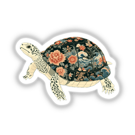 Chinoiserie Turtle sticker featuring a turtle adorned with intricate floral patterns, available as stickers or digital artwork, reflecting Decal Venue's unique artistic style.