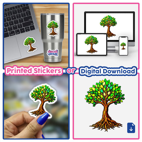 Tree of Life Stained Glass Style artwork depicted on a laptop and cup, showcasing intricate tree designs with roots and leaves, available as stickers or digital artwork from Decal Venue.