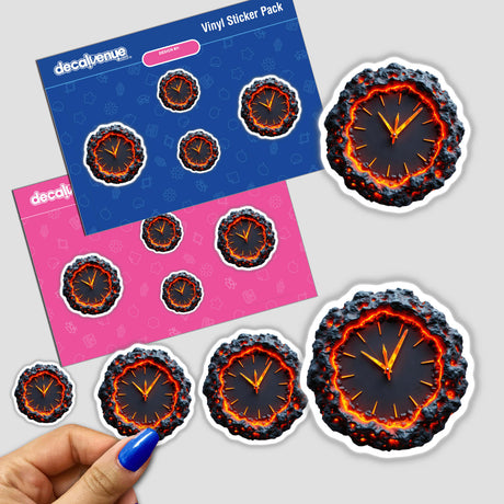 Molten Lava Clock sticker held in a hand, showcasing a black clock design surrounded by vivid orange flames, available as a unique sticker or digital artwork from Decal Venue.