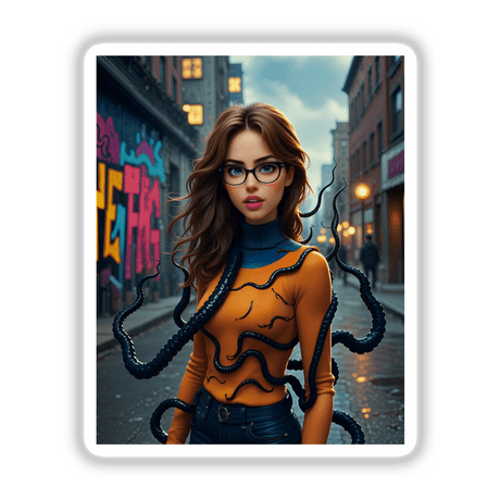 A Scary Symbiote Mutant Girl illustration featuring a woman with glasses and long brown hair, entwined with black tentacles, available as stickers or digital art.
