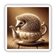 Hedgehog in Antique Teapot: A charming hedgehog nestled inside a detailed, vintage teacup, available as unique stickers or digital artwork.