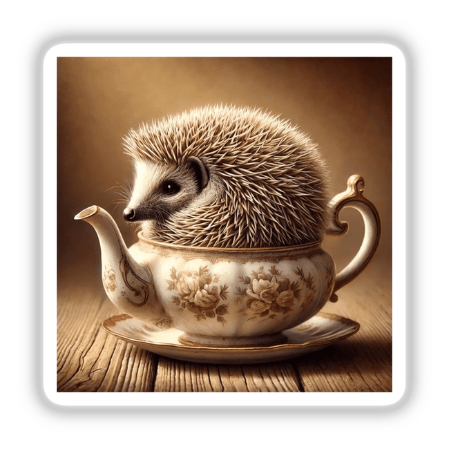 Hedgehog in Antique Teapot: A charming hedgehog nestled inside a detailed, vintage teacup, available as unique stickers or digital artwork.