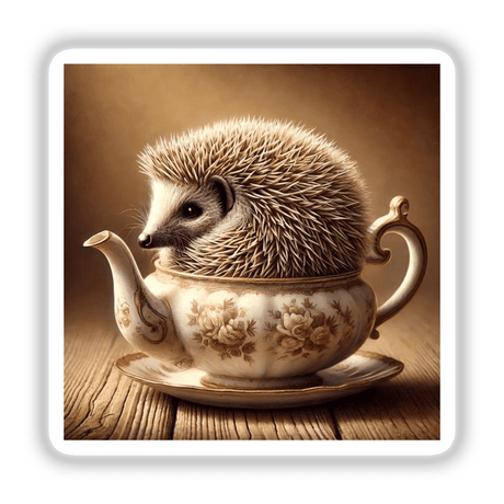 Hedgehog in Antique Teapot: A charming hedgehog nestled inside a detailed, vintage teacup, available as unique stickers or digital artwork.