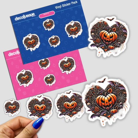 Scary Heart Pumpkin Halloween digital artwork with intricate patterns featuring pumpkin and bats displayed on product packaging for Decal Venue's sticker pack.