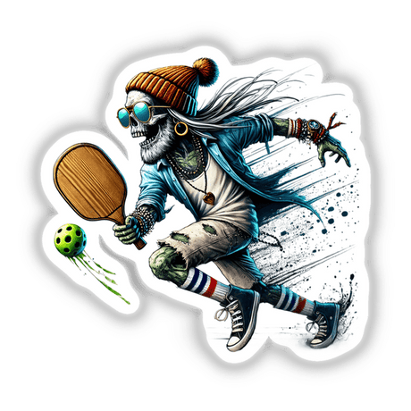 Trendy Zombie Playing Pickleball: A cartoon skeleton wearing a hat and sunglasses, running with a paddle, available as stickers or digital artwork.