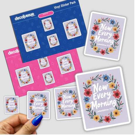 New Every Morning Lamentations 3:23 Sticker or Clipart with Commercial Rights, featuring floral designs and text, held in hand, showcasing its versatility as a sticker or digital artwork.