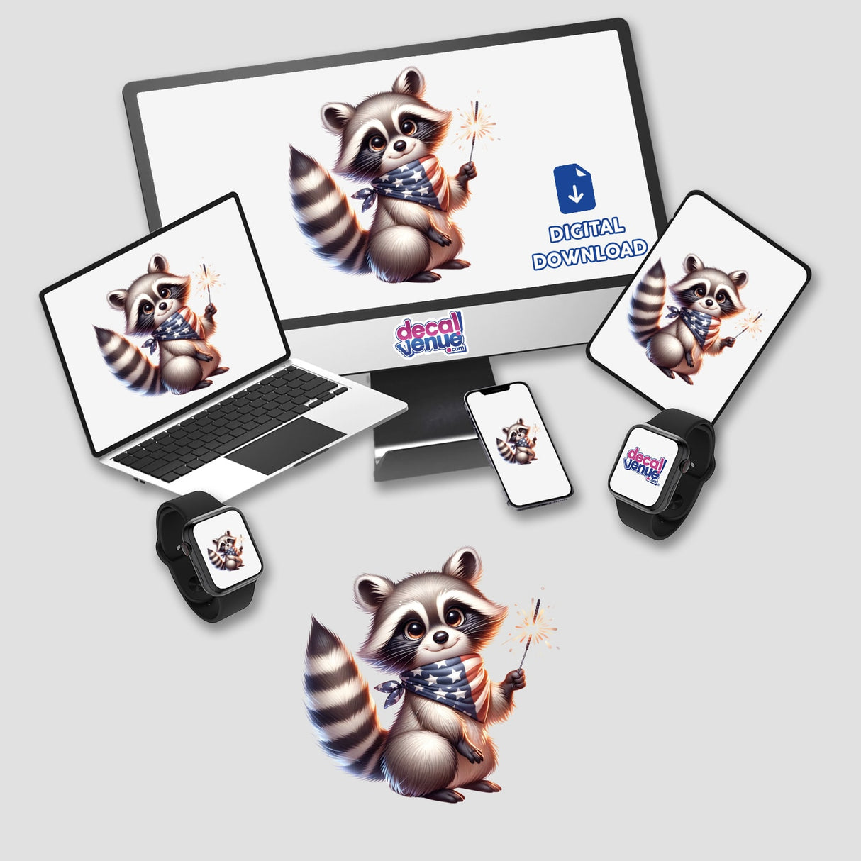 Raccoon Wearing Stars and Stripes Bandana Holding Sparkler