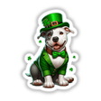 Leprechaun Pitbull Dog illustration featuring a dog in a green suit and bow tie, adorned with a four-leaf clover. Available as stickers or digital artwork from Decal Venue.