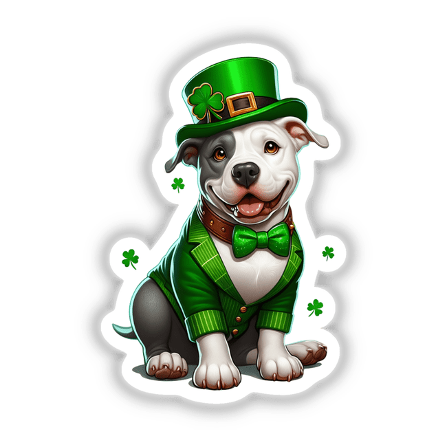 Leprechaun Pitbull Dog illustration featuring a dog in a green suit and bow tie, adorned with a four-leaf clover. Available as stickers or digital artwork from Decal Venue.
