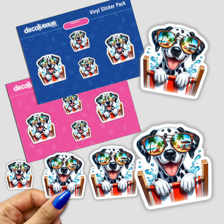 Happy Dalmatian Peeking from Beach Chair sticker, featuring a cartoon dog in sunglasses sitting on a beach chair, available as a sticker or digital artwork from Decal Venue.