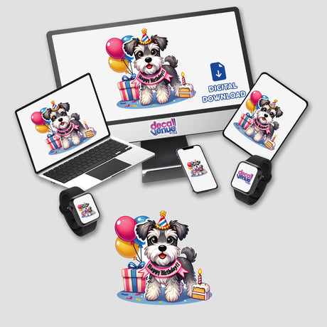 Happy Birthday Schnauzer design featuring a party dog with balloons, cake, and gifts displayed on a laptop screen, ideal for stickers or digital artwork from Decal Venue.