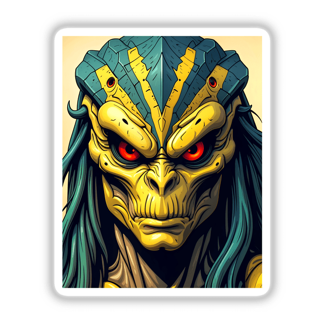 A Cool Alien Predator Soldier depicted as a cartoon character, available as stickers or digital artwork, showcasing a unique fictional design that aligns with Decal Venue's creative vinyl sticker offerings.