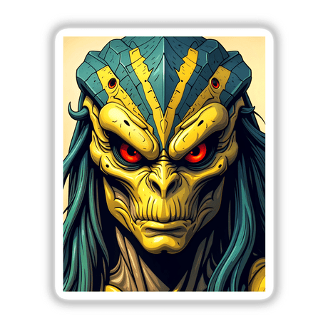 A Cool Alien Predator Soldier depicted as a cartoon character, available as stickers or digital artwork, showcasing a unique fictional design that aligns with Decal Venue's creative vinyl sticker offerings.