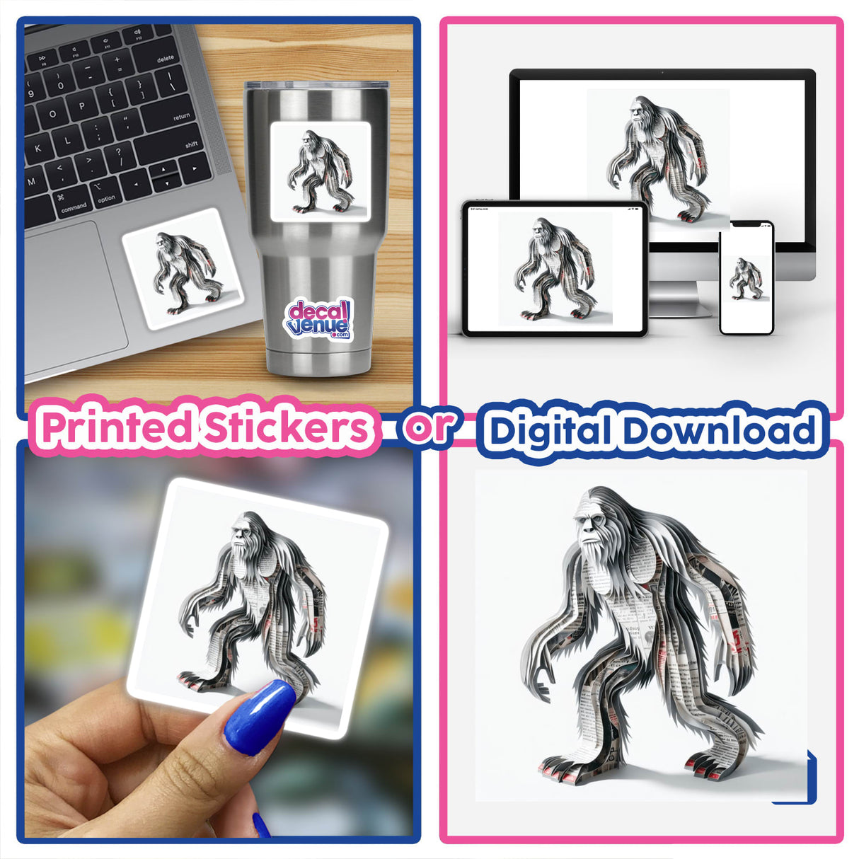 Collage featuring Sasquatch Newspaper Art as stickers and digital artwork, showing a cutout of a bigfoot and a laptop, highlighting unique and quirky designs.