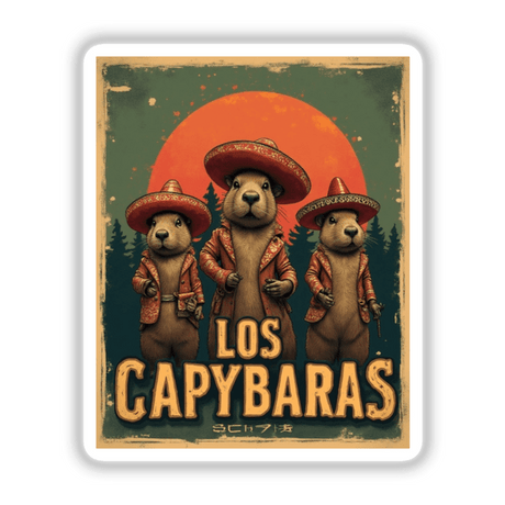 Los Capybaras Sticker or Clipart features a whimsical design of three cartoon beavers in sombreros, highlighting the store's unique vinyl stickers and digital art collection.