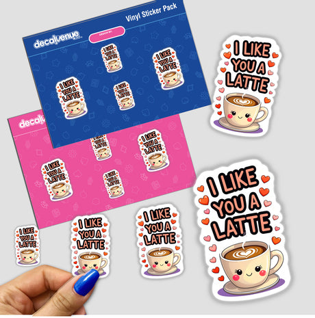 I Like You A Latte Funny Love Quote stickers featuring cartoon coffee cups with heart-shaped foam, ideal for adding a playful touch to your collection. Available as stickers or digital artwork.