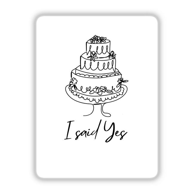 I said Yes cake illustration, available as stickers or digital artwork, featuring a detailed sketch of a celebratory cake, emphasizing elegant lines and a whimsical design.