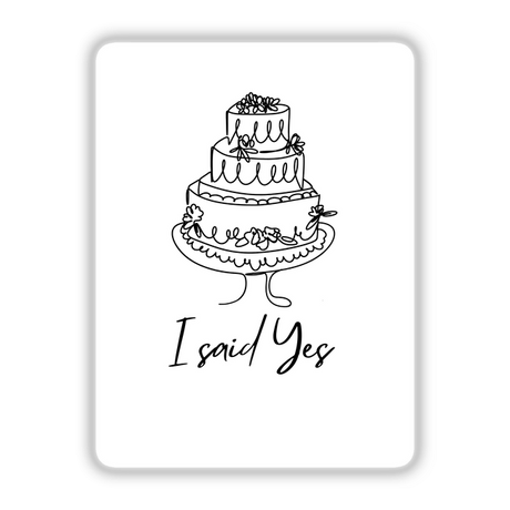 I said Yes cake illustration, available as stickers or digital artwork, featuring a detailed sketch of a celebratory cake, emphasizing elegant lines and a whimsical design.