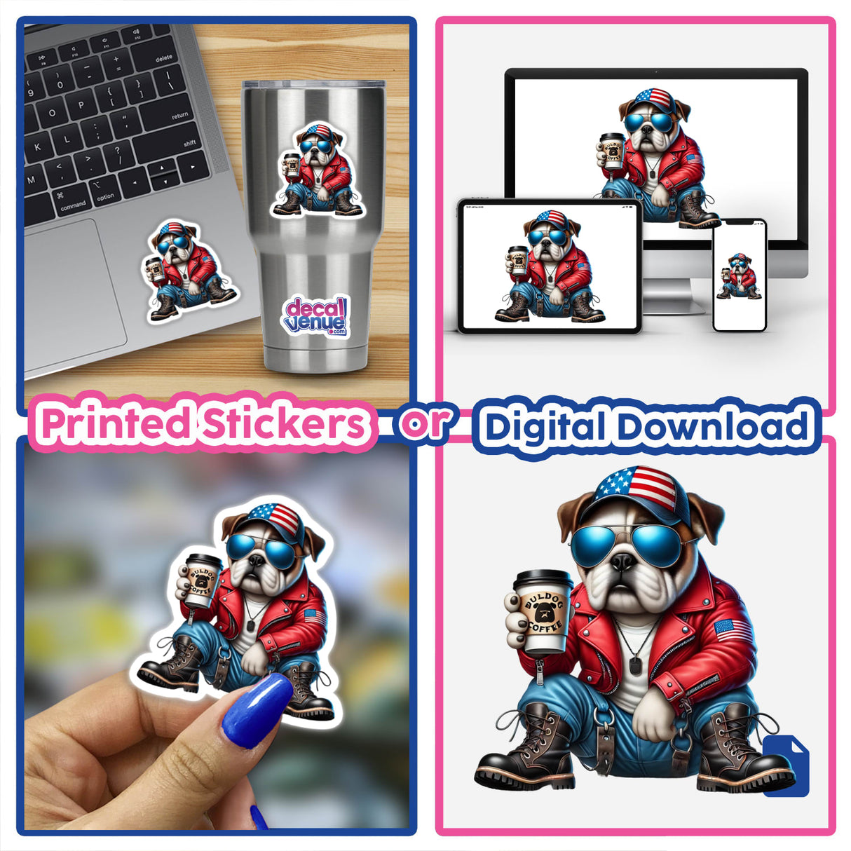 Patriotic Bulldog Dog with Coffee: Collage featuring a cartoon dog in a red jacket and sunglasses, holding a coffee cup, available as stickers or digital artwork.