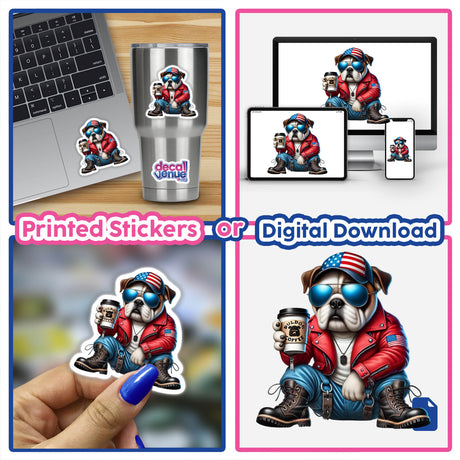 Patriotic Bulldog Dog with Coffee: Collage featuring a cartoon dog in a red jacket and sunglasses, holding a coffee cup, available as stickers or digital artwork.