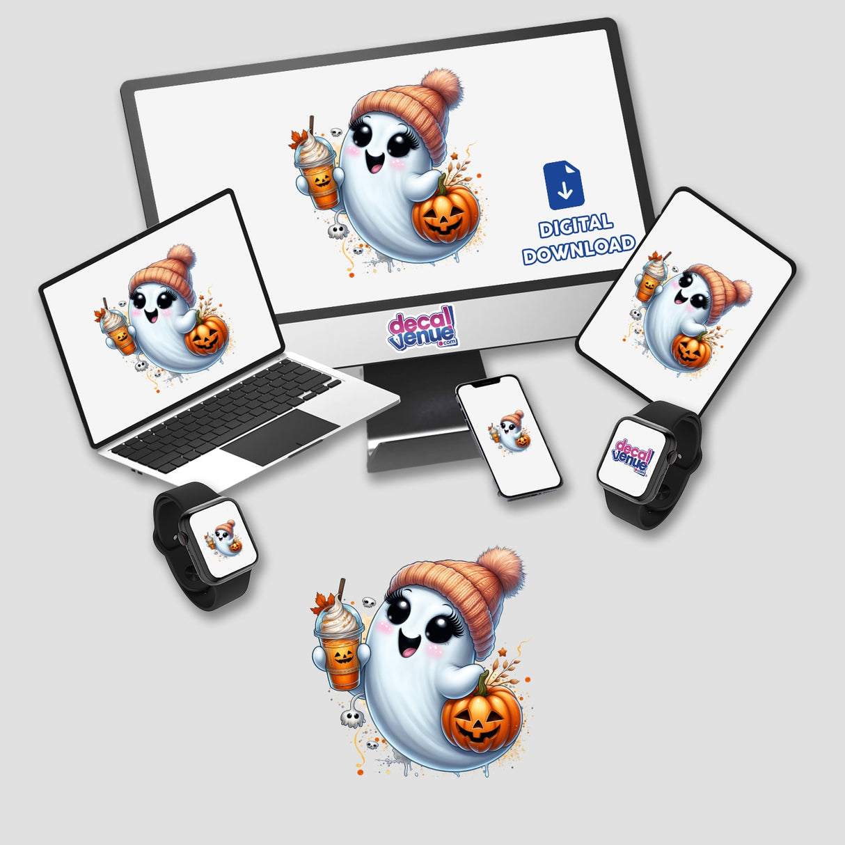 Cute Orange Beanie Pumpkin Spice Ghost featured on a computer monitor and laptop screen, holding a pumpkin and a drink. Available as stickers or digital artwork.